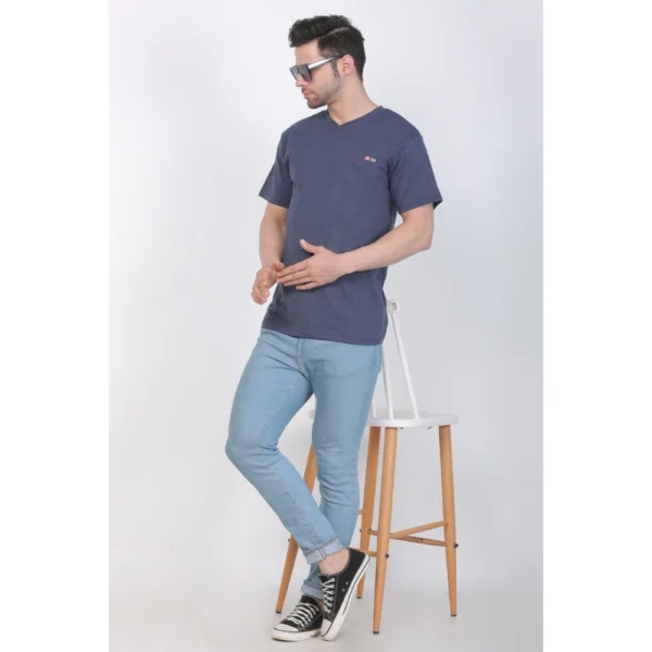 Generic Men's Cotton Jersey V Neck Plain Tshirt (Blue Melange) - Image 3