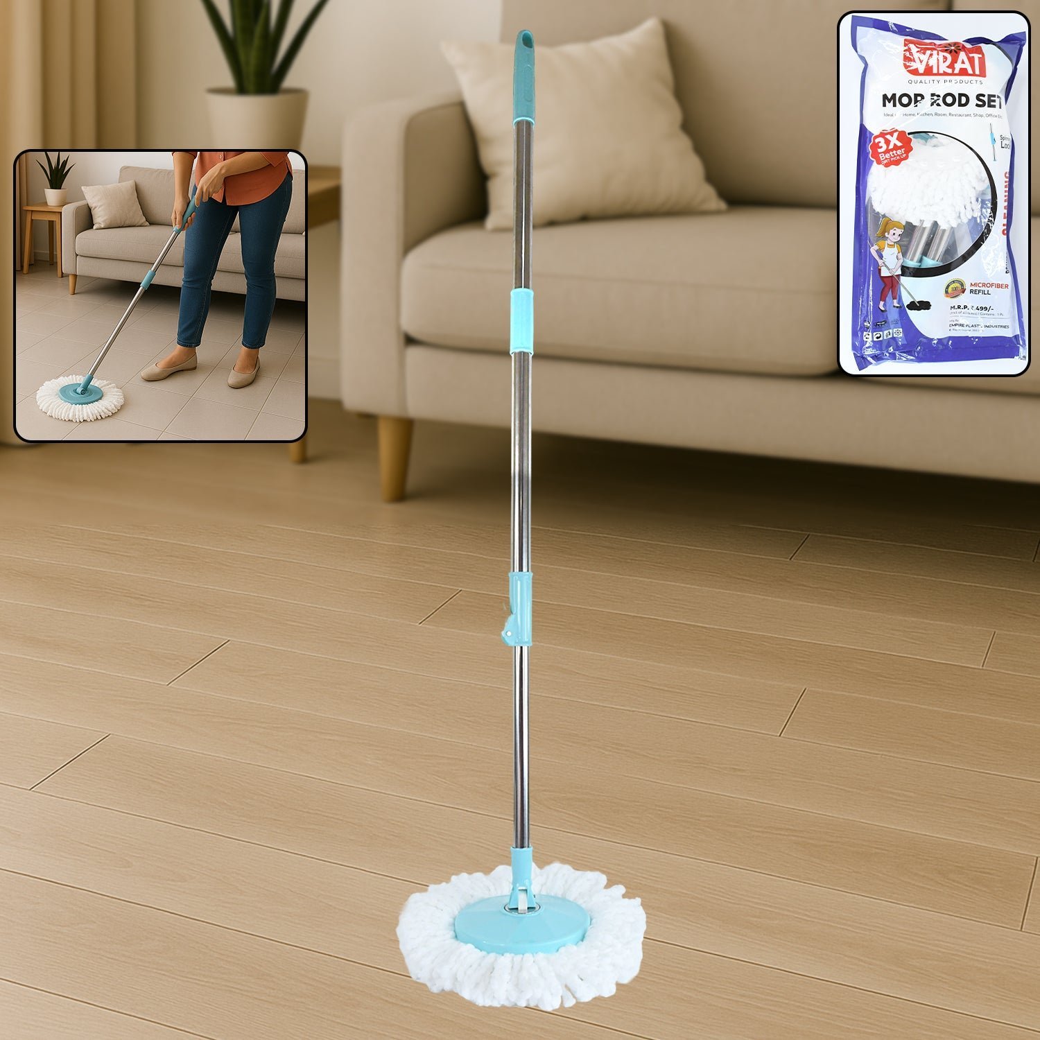 Stainless Steel Mop Rod – Adjustable 120 cm with Microfiber Head