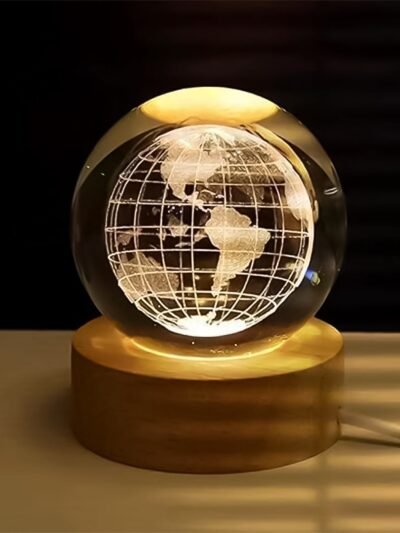 3D Crystal Ball Lamp – World Globe Design, Wooden Base | Indo Glow