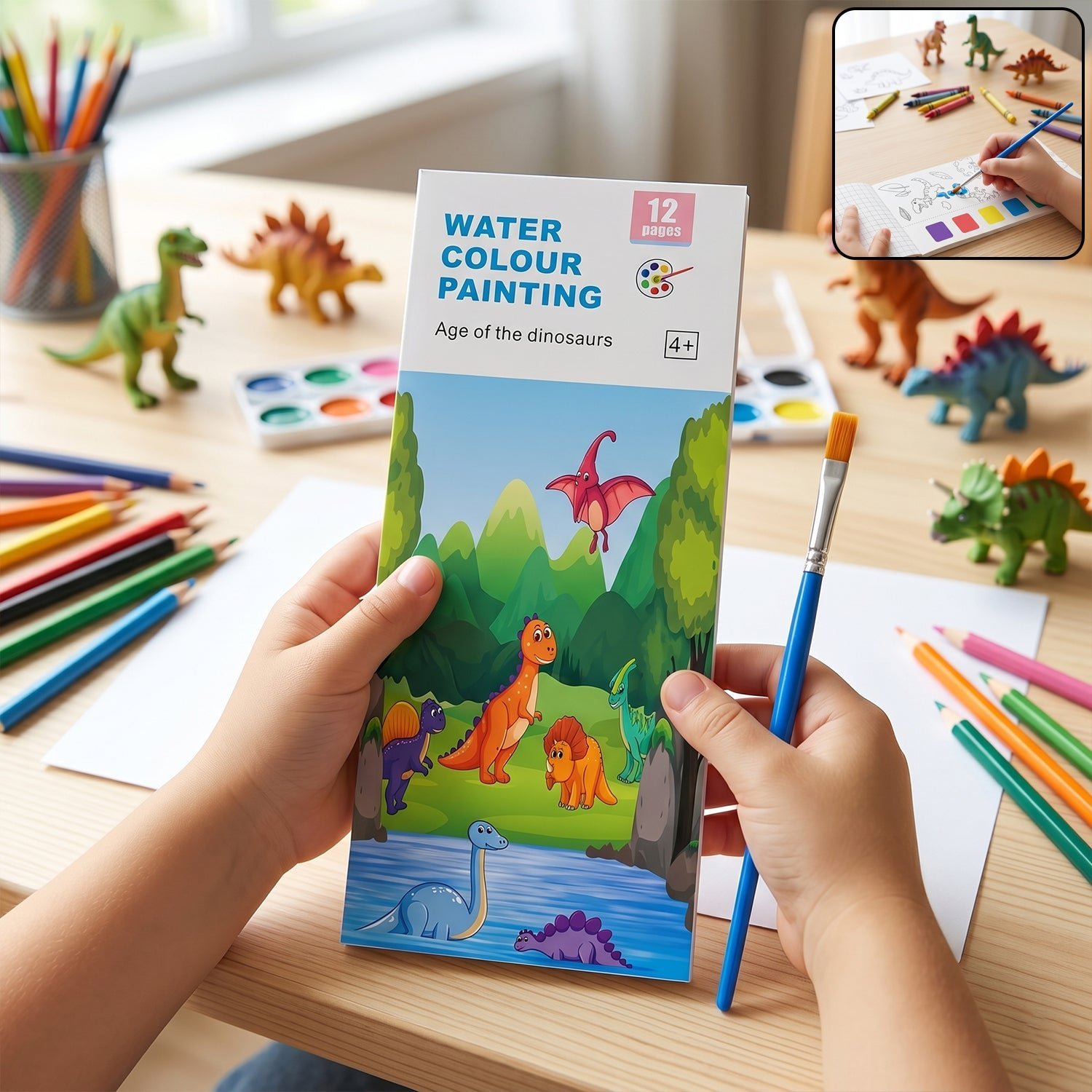 Kids Watercolour Painting Book � Dinosaur Theme & Brushes for Creativity