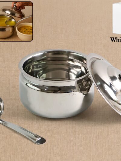 Stainless Steel Ghee Pot with Lid & Spoon – Mirror Finish