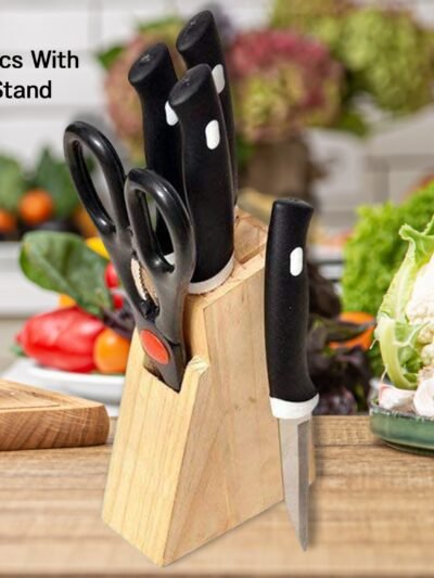Kitchen Knife Set – 5-Piece Black Set with Wooden Block & Scissors