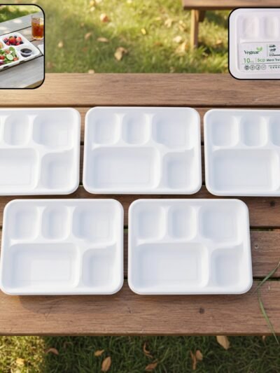 Compostable Bagasse Meal Tray – 5 Compartments, Eco-Friendly 10 Pcs