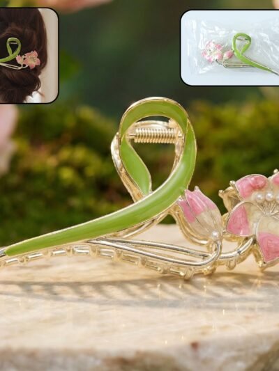 Floral Hair Claw Clip – Elegant Green Leaf with Pink Flower