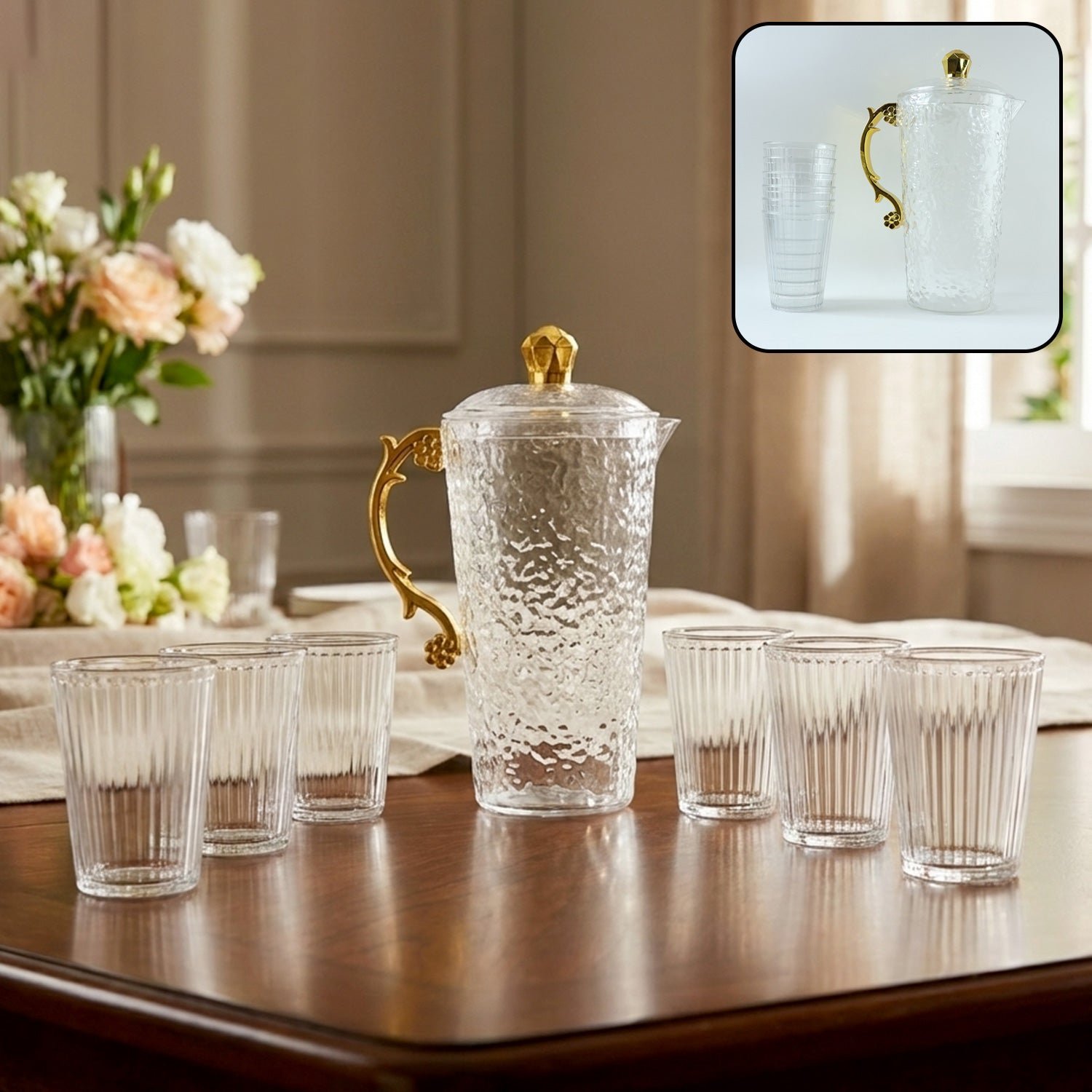 Textured Glass Water Jug Set – Elegant 1 Jug with 6 Glasses
