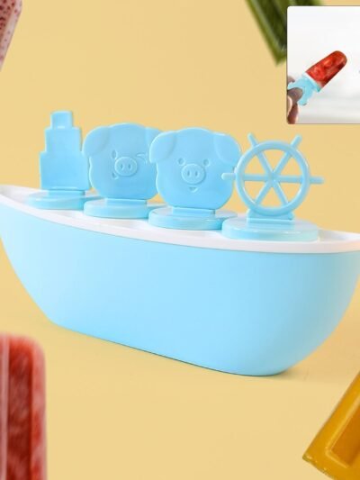 Boat-Shaped Ice Cream Mould with Piggy Design – 4 Cavity Popsicle Maker