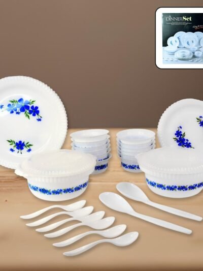 Plastic Dinner Set – Durable 36-Piece Blue Floral Design