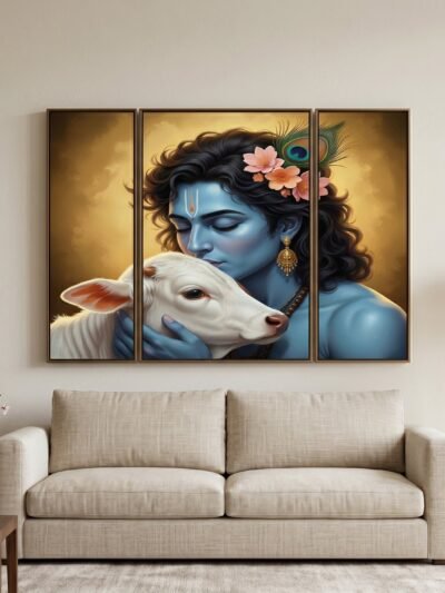 Krishna N Cow Wall Art � Vibrant 3 Panel MDF Design for Home