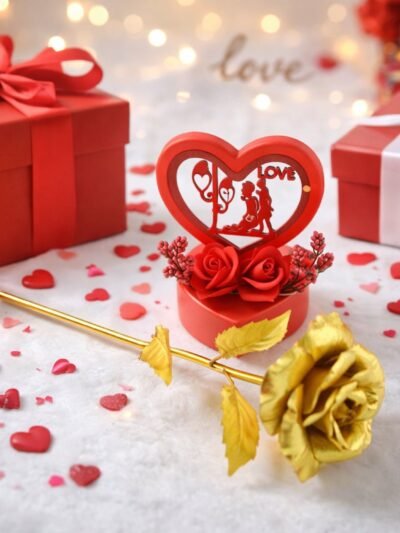 Heart Love Decorative Showpiece – Elegant Golden Rose Gift Set