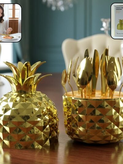 Gold Stainless Steel Cutlery Set – Luxury 24-Piece with Pineapple Stand