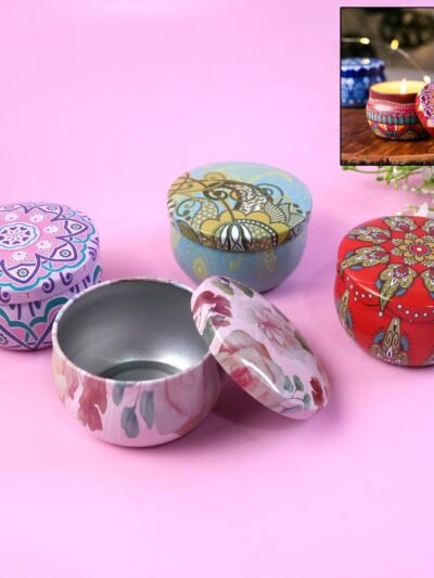 Mandala Printed Metal Candle Container – Reusable 4 Piece Set