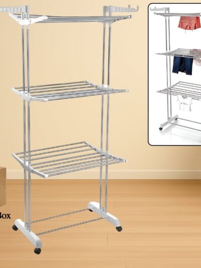 Cloth Drying Stand – 3-Tier Foldable Stainless Steel with Wheels