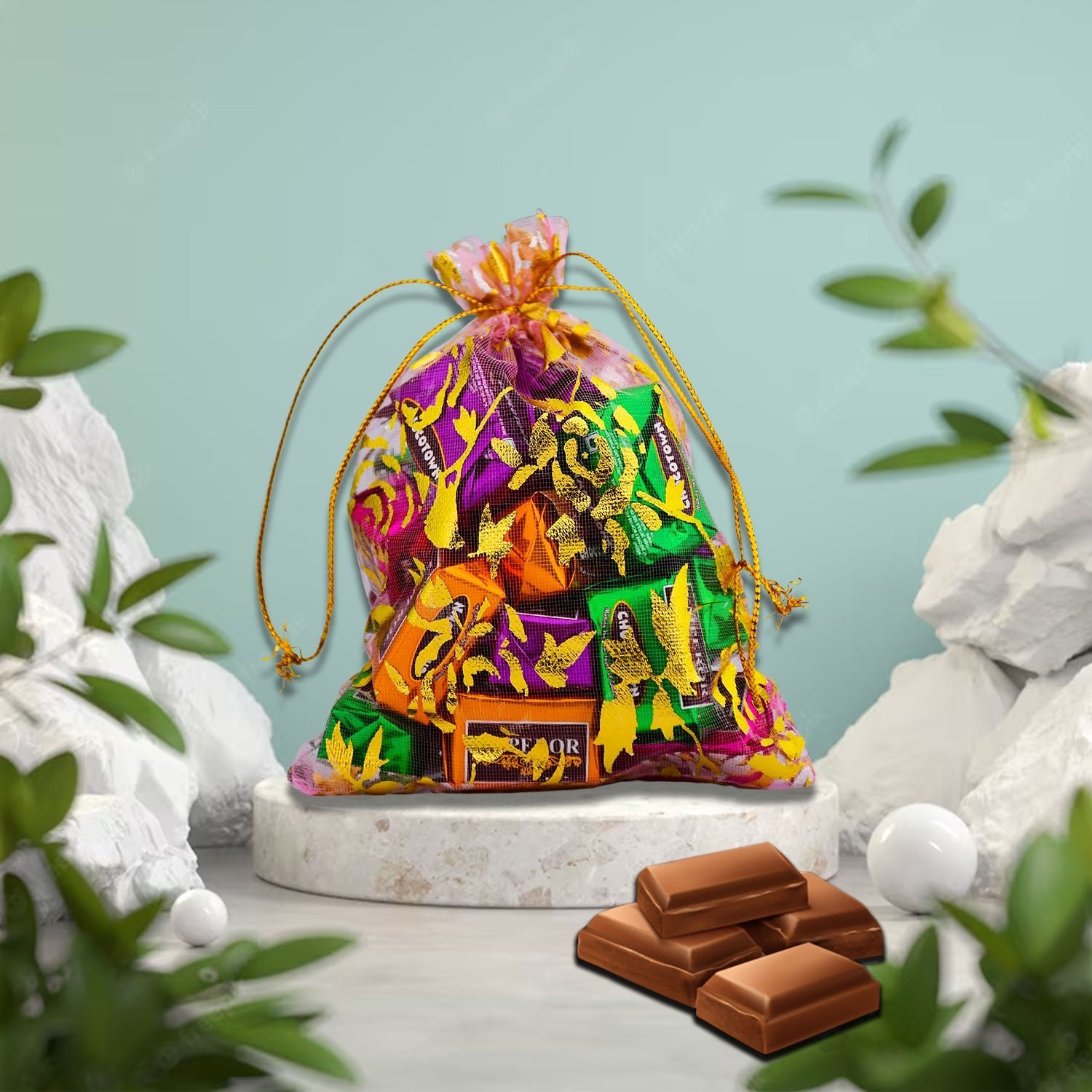 Chocolate Gift Potli – 10 Assorted Premium Chocolates with Reusable Decorative Bag