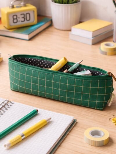 Green Grid Printed Pencil Pouch – Stylish & Compact Organizer