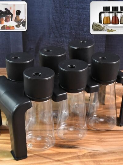 Plastic Spice Jar Set – 6-Piece Rotating Lid Organizer with Stand