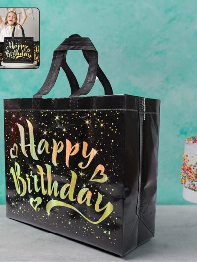 Birthday Gift Bag with Gold Stars – Reusable Black Tote