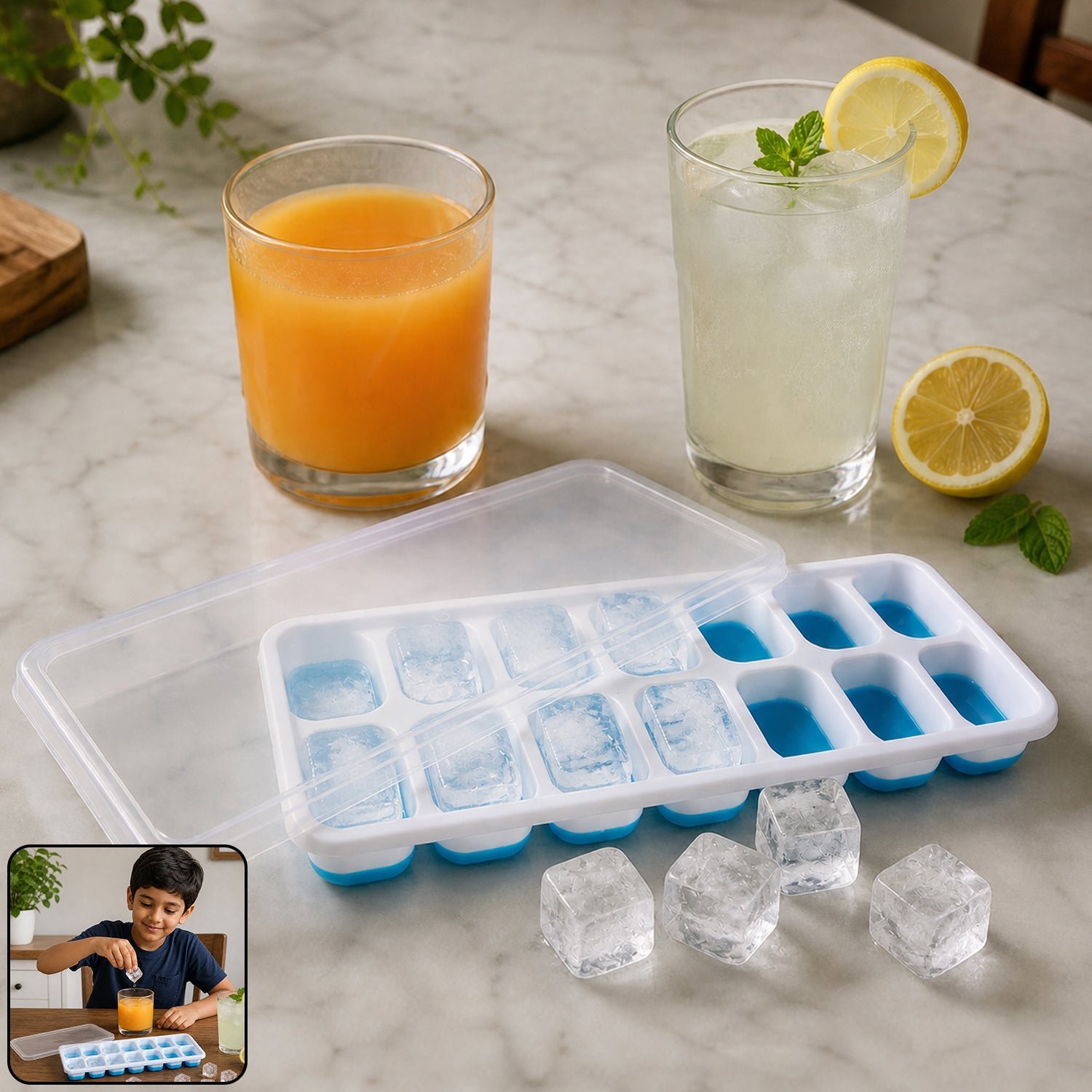 Multipurpose Plastic Ice Cube Tray � 14-Grid with Lid for Easy Freezing