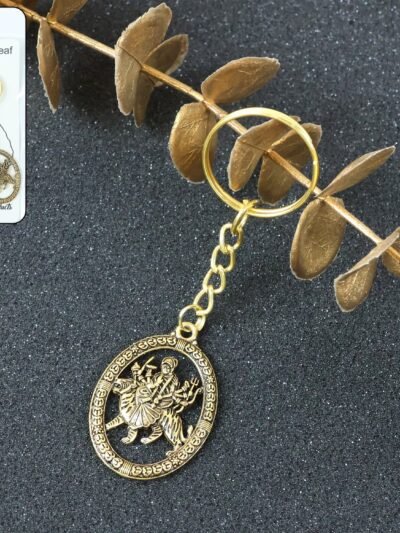 Maa Durga Golden Oval Frame Keychain – Spiritual Protection