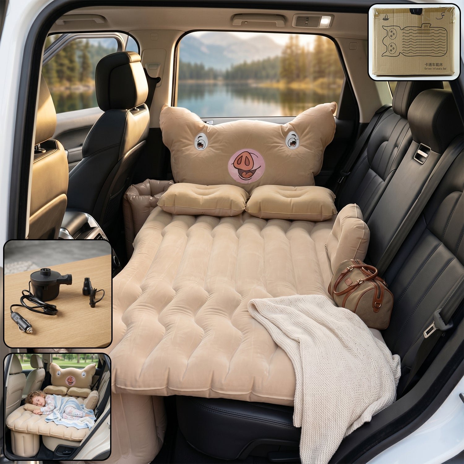Car Air Mattress Bed Set � Cute Pig Design & Portable Comfort