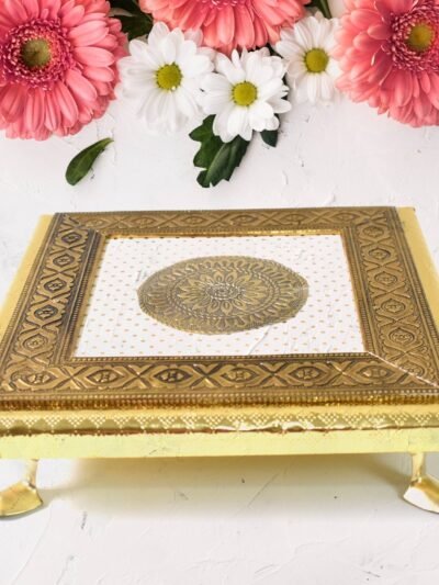 Pooja Chowki – Golden Square Wooden Bajot (20x20 CM) | Styleva