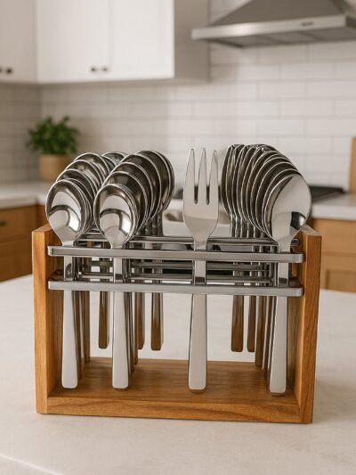 Stainless Steel Cutlery Set – Durable 24-Piece with Wooden Stand