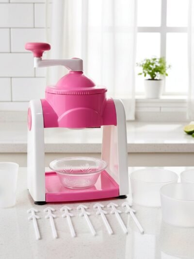 Manual Ice Crusher – Compact Pink Ice Shaver with Hand Crank