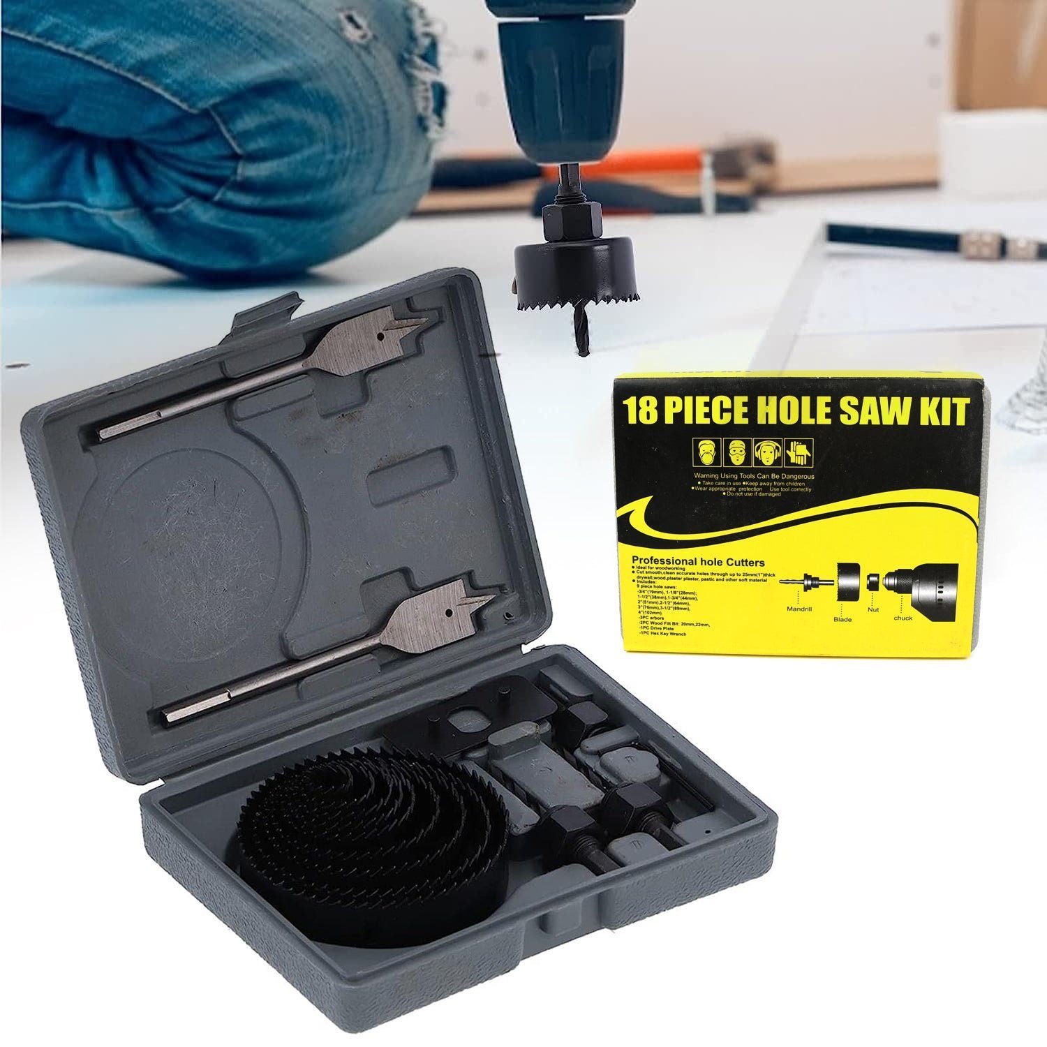 Hole Saw Kit – Carbon Steel 18 Pcs Set for Wood & Plastic | BoltForce