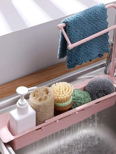 Kitchen Sink Organizer Rack with Towel Holder & Drain Tray
