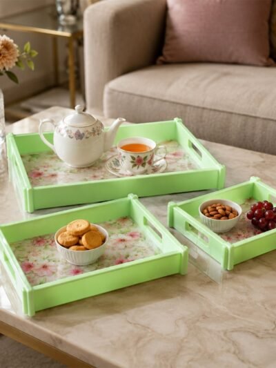 Serving Tray Set � Elegant Floral Design with Side Handles