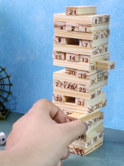 Wooden Tumbling Tower Game – 54 Numbered Blocks & Dice Set