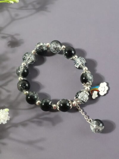 Black Crystal Beaded Charm Bracelet – Stylish Stretchable Wristwear