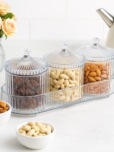 Dry Fruit Storage Jars – 3-Piece Set with Tray for Freshness