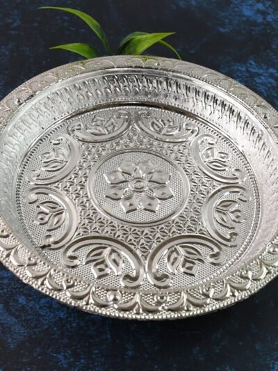 Silver Finish Plastic Pooja Thali – Lightweight & Durable