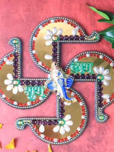 Golden Swastik Shubh Labh Wall Hanging – Ganesh Idol Decor for Prosperity