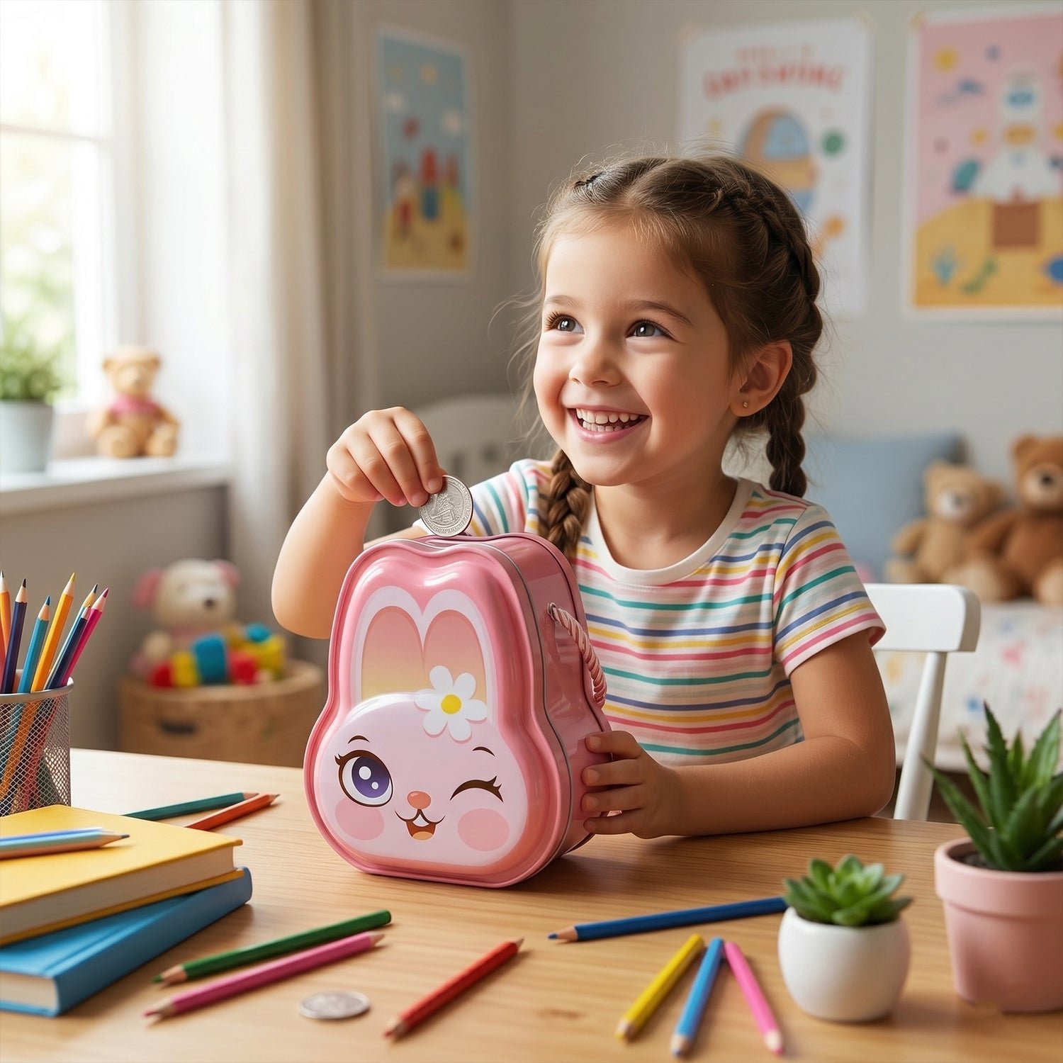 Kids Safe Lockable Bunny Piggy Bank � Fun & Durable Savings Toy