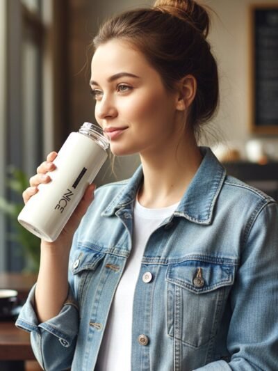White Glass Water Bottle – Leakproof & Protective Cover 400 ML