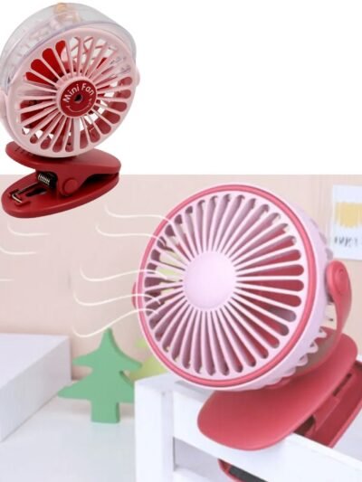 Portable Clip-on Fan – USB, 3-Speed, Light & Spray |