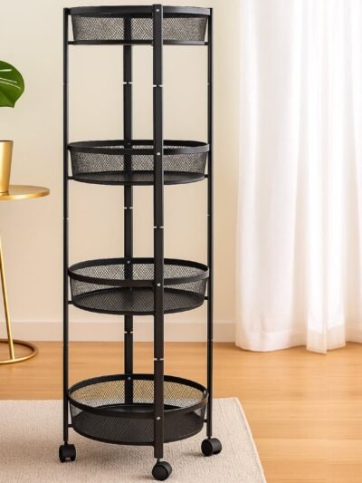4-Layer Round Metal Mesh Storage Trolley with Wheels