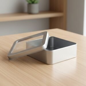 Square Metal Storage Tin Box with Transparent Window Lid – Compact & Durable
