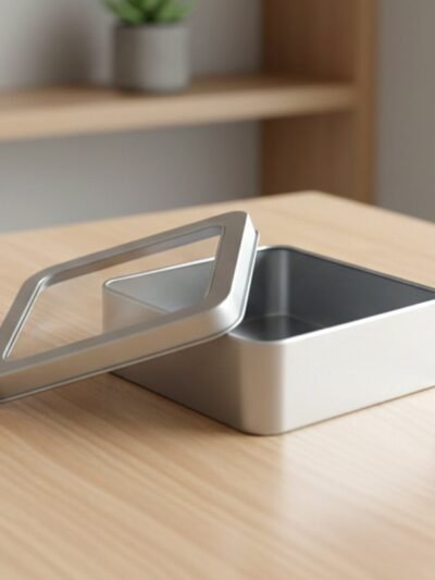 Square Metal Storage Tin Box with Transparent Window Lid – Compact & Durable
