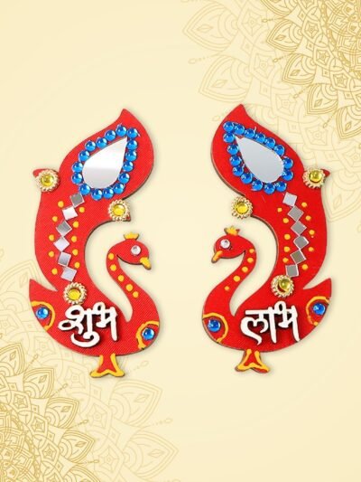 Shubh Labh Wall Hanging – Traditional Peacock Wooden Décor Set