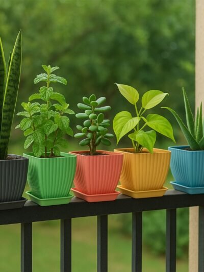 Square Plastic Flower Pots Set of 5 – Durable Lightweight Planters