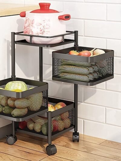 Metal Kitchen Trolley – 3-Layer Rotating Baskets | CookAura