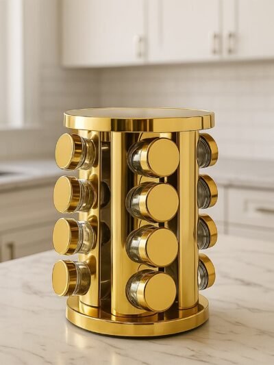 Rotating Spice Rack – LED Illuminated, 16 Jars, Golden Finish | Tidy Table