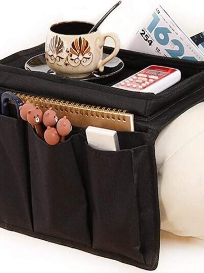 Sofa Armrest Organizer – Black Storage Caddy with Tray | Organivo