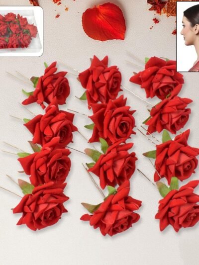 Red Rose Hair Clip � 12 Pc Bridal Flower Pins for Women | Calm & Curl
