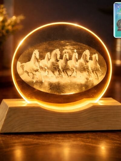3D Crystal LED Table Lamp – Running Horses on Wooden Base