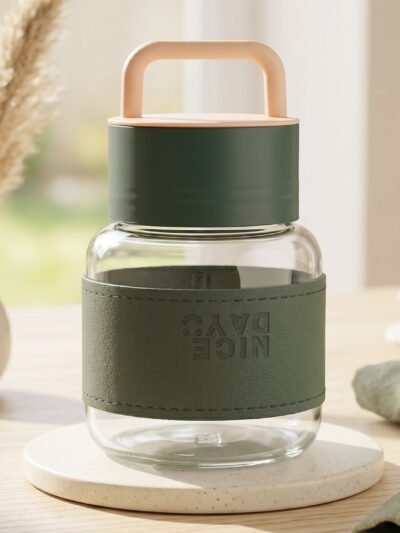 Glass Water Bottle � Stylish, Portable with Handle & Leather Sleeve