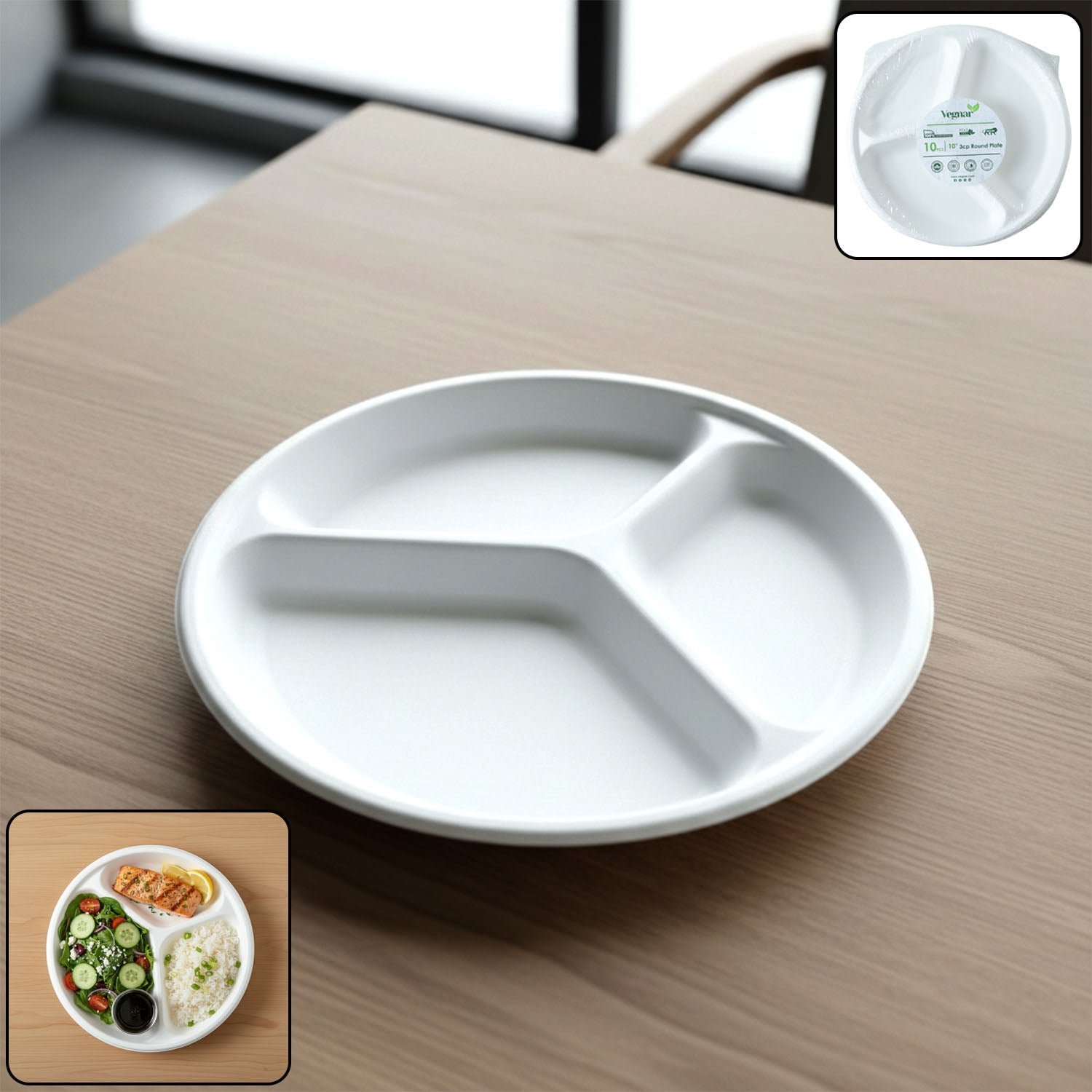 Compostable 10 Inch 3-Compartment Bagasse Plate – Leak-Resistant & Eco-Friendly