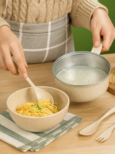 Wheat Straw Rice Bowl Set – 6 Pcs, Lid & Cutlery | Jiaqi